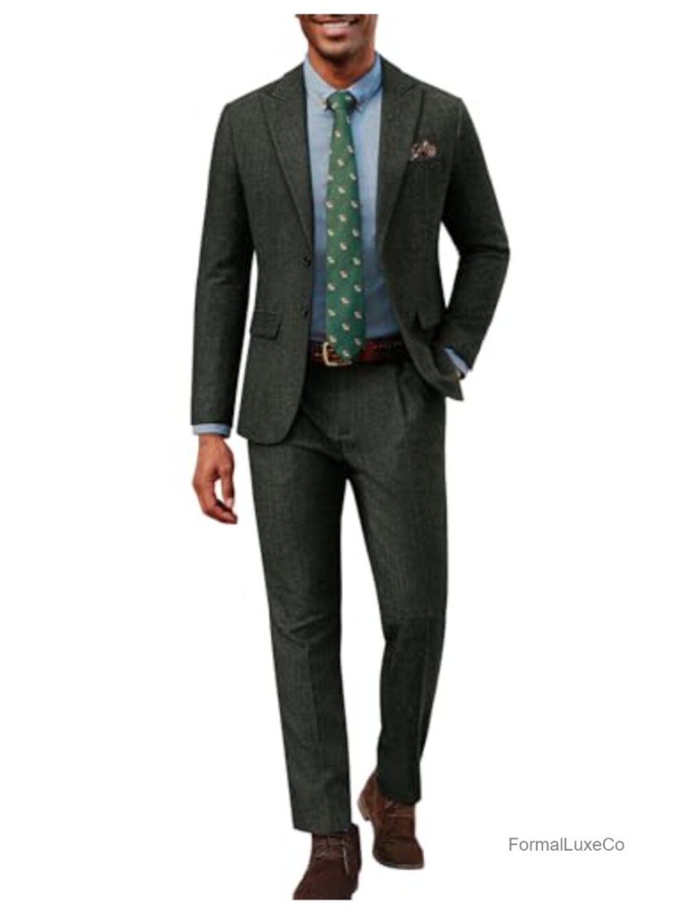 Men's 2 Piece Herringbone Wool Blend Tweed Suit Set Peak Lapel
